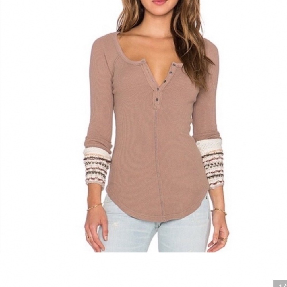 Free People Alpine Ski Lodge Cuff Thermal Mushroom Combo Henley Top Small